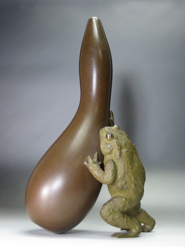 銅器 瓢箪に蛙図銅製花瓶