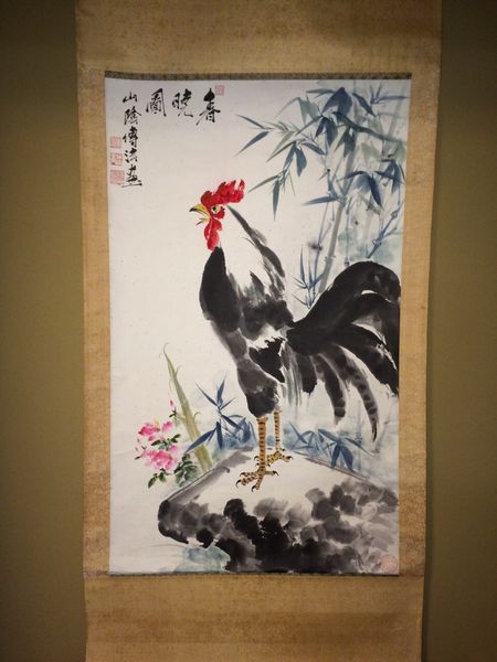 中国掛軸 傅法作の鶏図