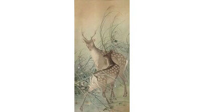 掛軸 絹本軸装 秋草に鹿の図