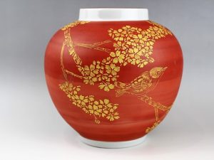 高橋誠作 金彩桜に目白図壺