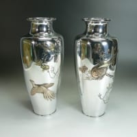 銀・シルバー 銀製花瓶 象嵌入雉図一対