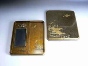 秋草に雁図梨地硯箱